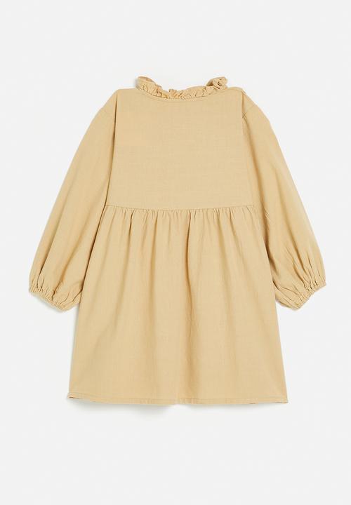Pop Candy - Pin tucked bib dress with ruffle collar - brown