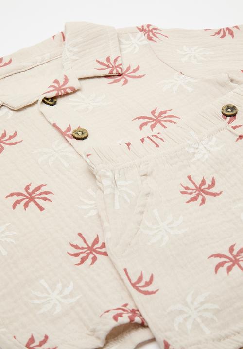 Pop Candy - Palm printed shirt & shorts with sunnies - neutral/palm trees