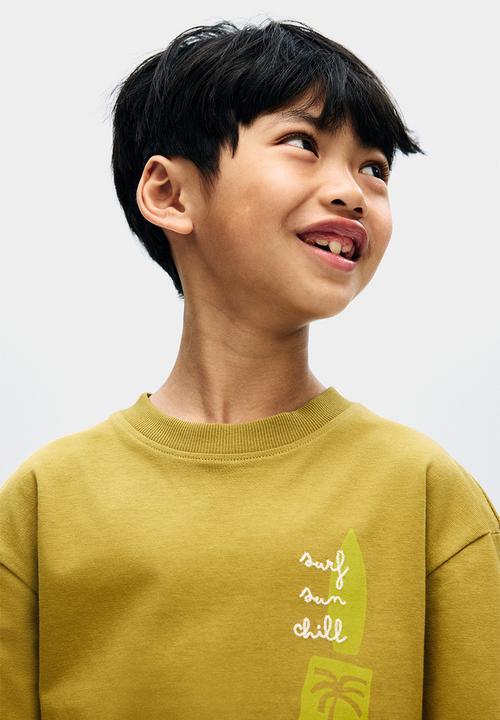 H&M - Loose-fit printed T-shirt - olive green/surf sun chill
