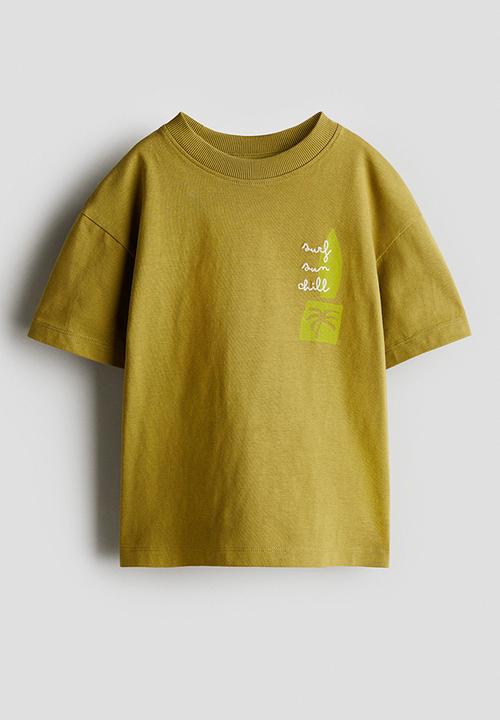 H&M - Loose-fit printed T-shirt - olive green/surf sun chill