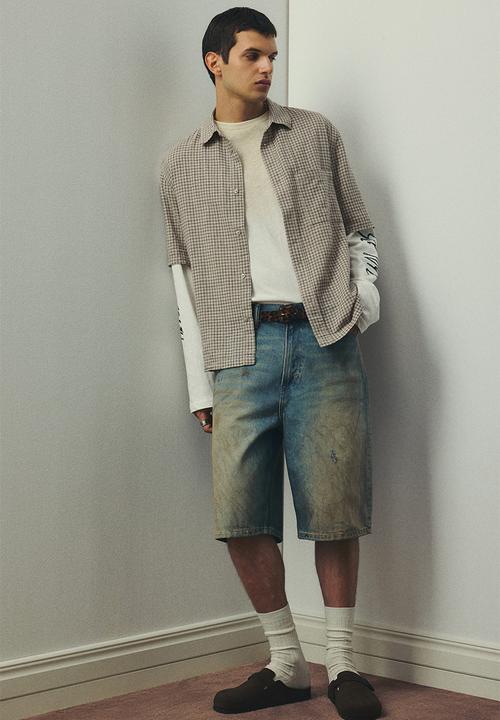 H&M - Oversized fit short-sleeved linen-blend shirt - beige checked