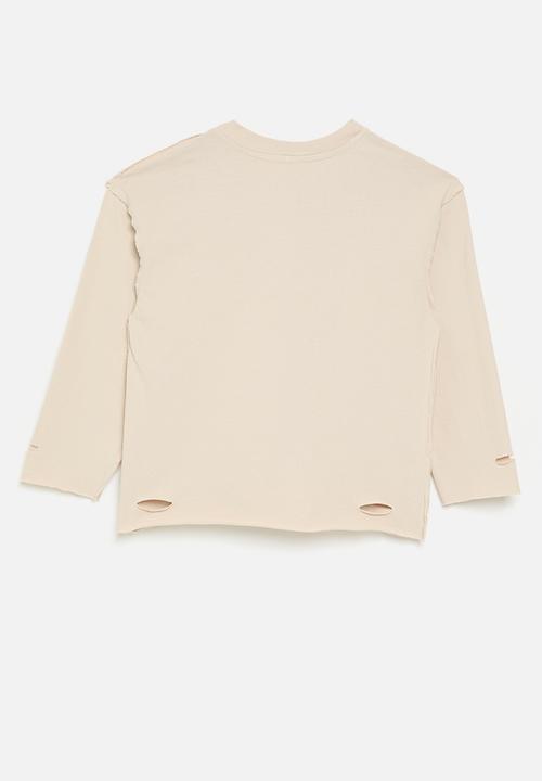 Pop Candy - Distressed detail tee with contrast pocket - beige/cream