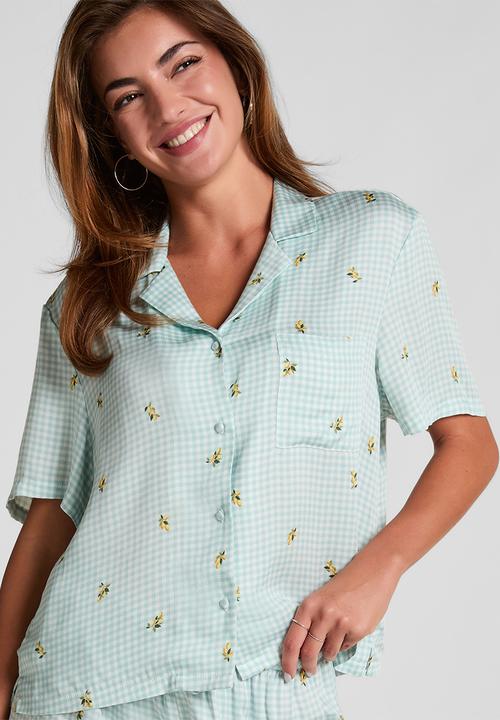 Hunkemoller - Jacket short sleeve viscose check print - harbor gray