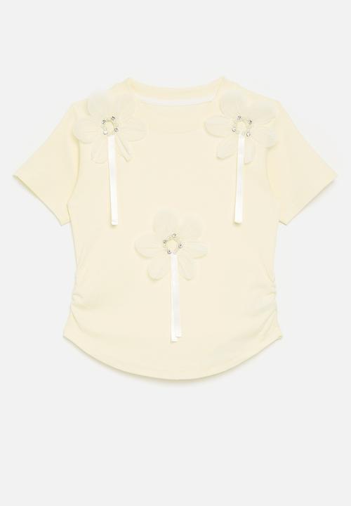 Pop Candy - 3D fabric flower top with beads and ribbon - light yellow/white