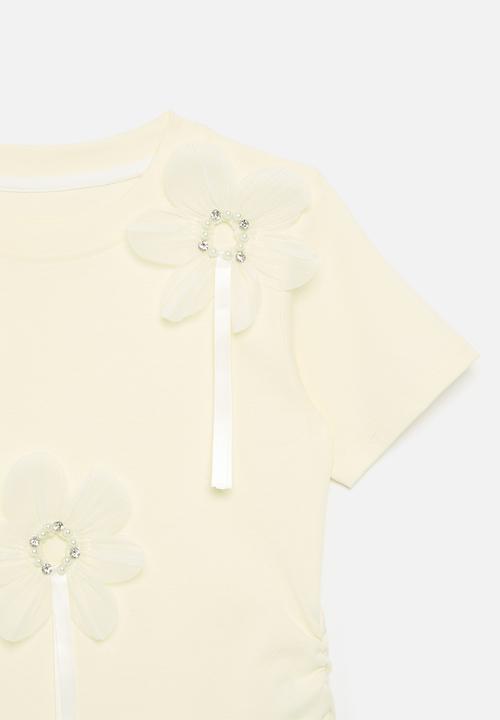 Pop Candy - 3D fabric flower top with beads and ribbon - light yellow/white