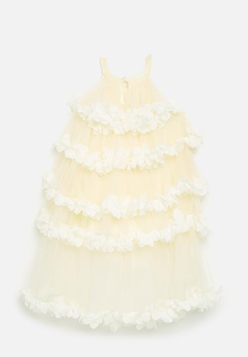 Pop Candy - Halter neck tulle dress with floral edged tiers - pale yellow/white