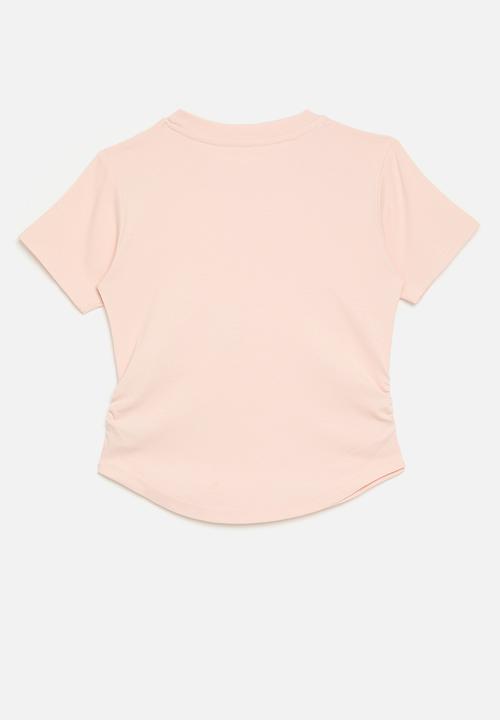 Pop Candy - Side ruched tee with ornamented fabric flowers - baby pink