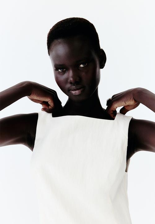 H&M - Square-neck twill dress - cream