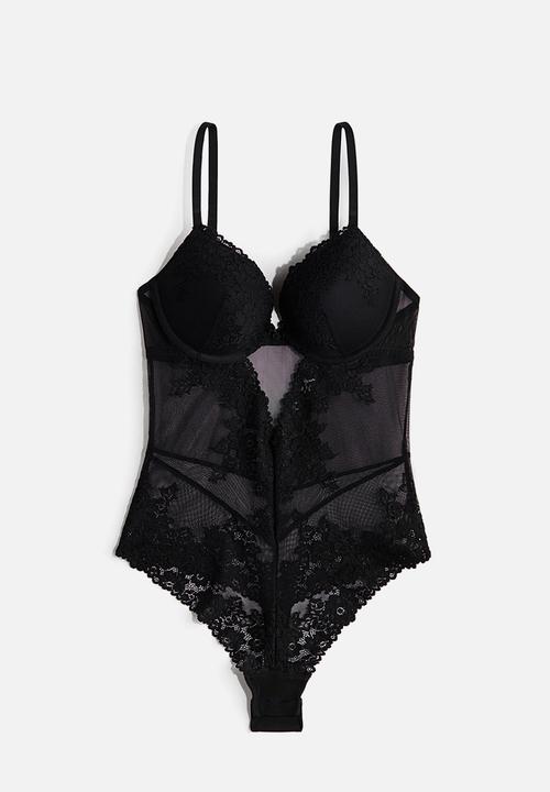H&M - Lace push-up thong body - black