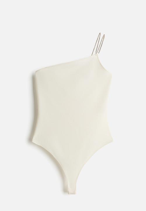 H&M - Rhinestone-strap one-shoulder body - cream