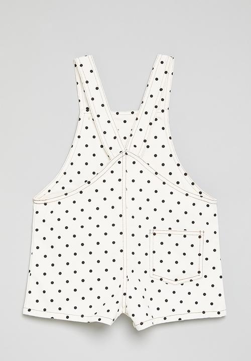 Pop Candy - Short dungarees with contrast stitching - off white/black/polka dots