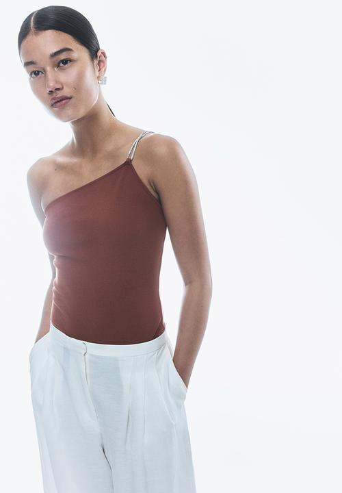H&M - Rhinestone-strap one-shoulder body - dusty brown