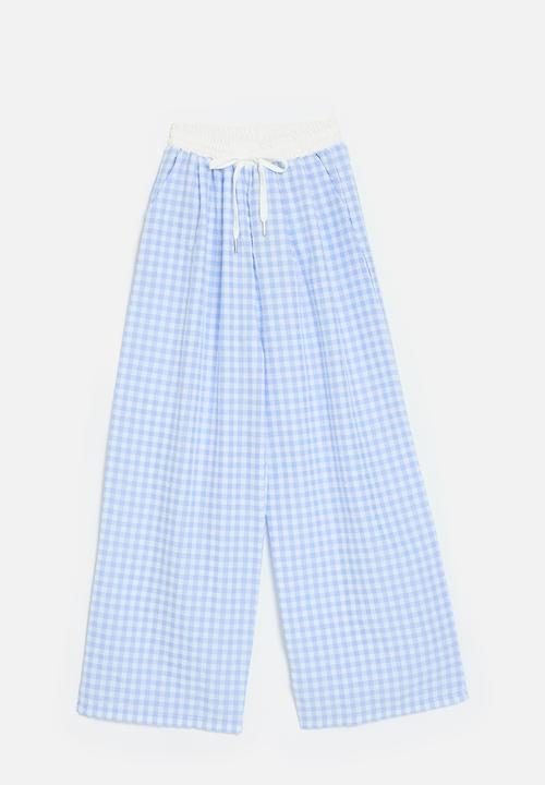 Pop Candy - Wide waistband pants with slanted inset pockets - blue gingham