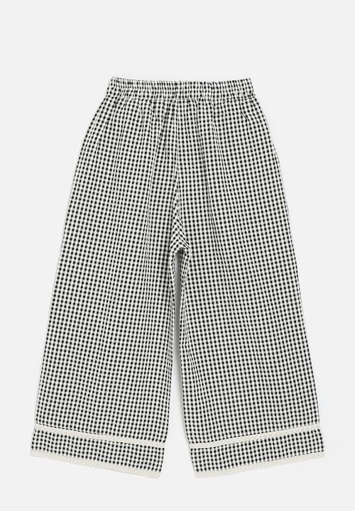 Pop Candy - Wide leg pants with lace knit trim - black gingham
