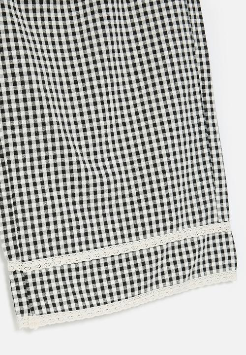 Pop Candy - Wide leg pants with lace knit trim - black gingham