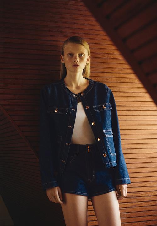 H&M - Collarless denim jacket - dark denim blue
