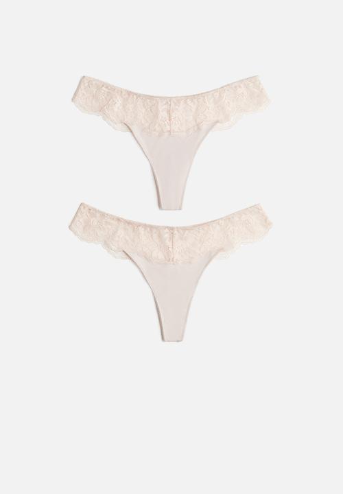 H&M - 2-pack microfibre and lace thong briefs - powder pink