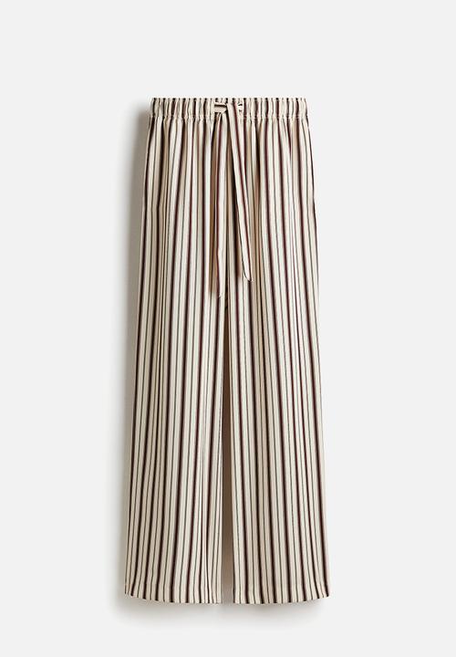 H&M - Drawstring twill trousers - light beige & brown striped