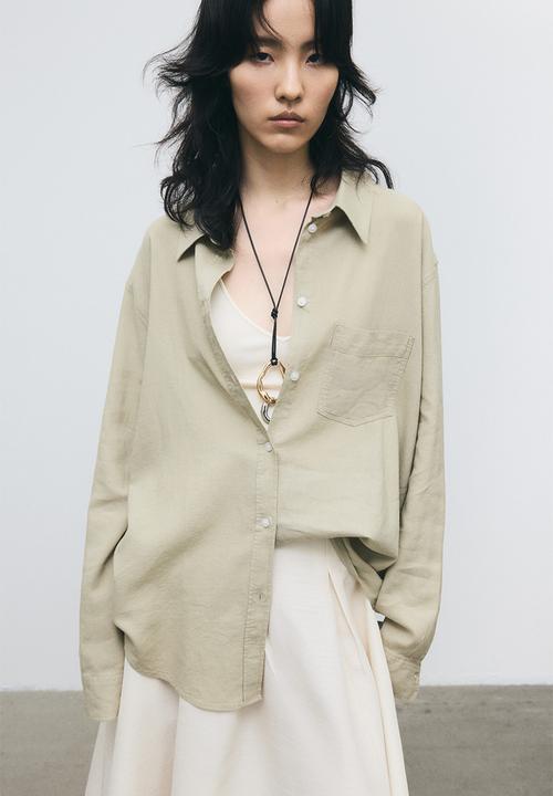 H&M - Linen-blend shirt - light khaki green