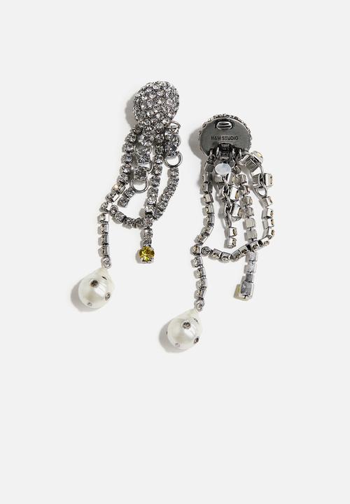 H&M - H&M Studio: Rhinestone clip earrings - silver-coloured 
