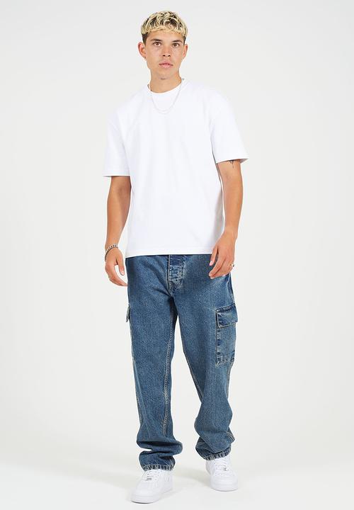 Brave Soul - Wide Leg Denim Jean Cargo Pockets - Mid Blue Wash Regular Length