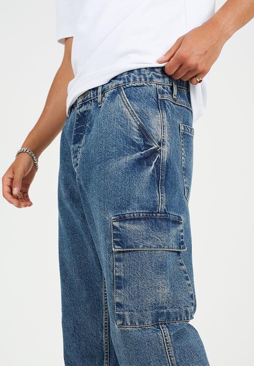 Brave Soul - Wide Leg Denim Jean Cargo Pockets - Mid Blue Wash Regular Length