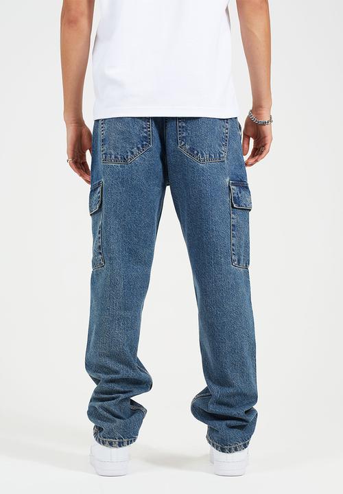 Brave Soul - Wide Leg Denim Jean Cargo Pockets - Mid Blue Wash Regular Length