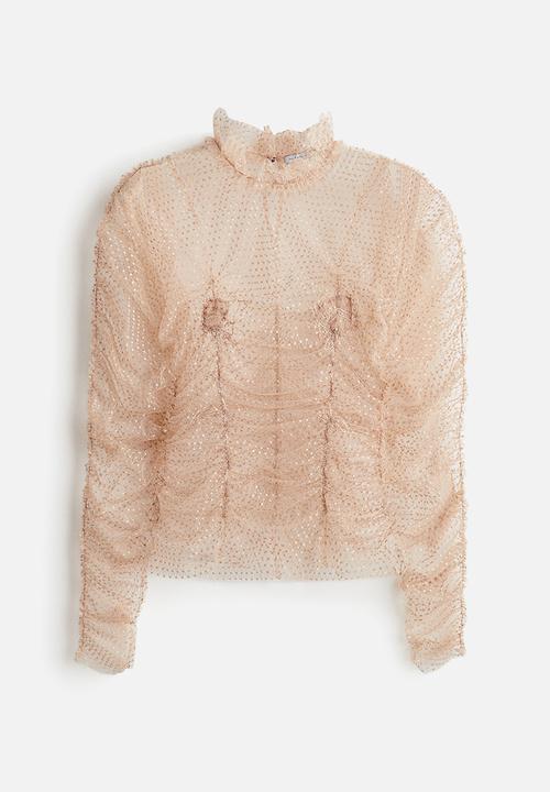 H&M - H&M Studio: Embroidered mesh top - beige