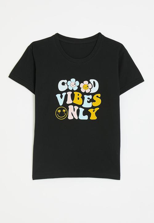 Pop Candy - Slogan print crew neck tee - black/good vibes only