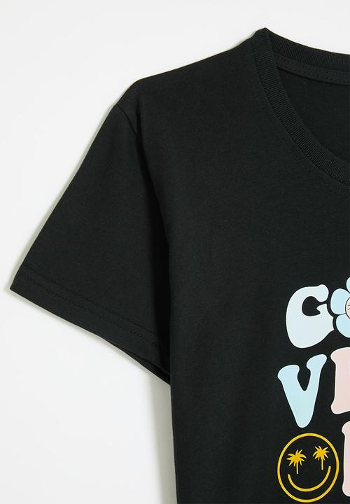 Pop Candy - Slogan print crew neck tee - black/good vibes only