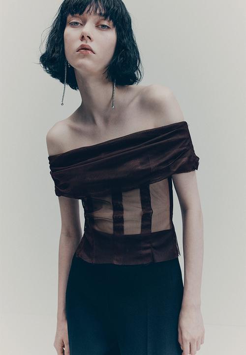 H&M - H&M Studio: Off-the-shoulder mesh top - burgundy