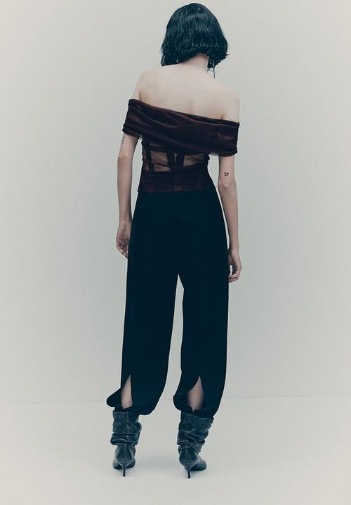 H&M - H&M Studio: Off-the-shoulder mesh top - burgundy