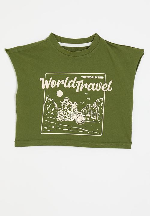 Pop Candy - Dropped shoulder placement print tee - olive green/world travel