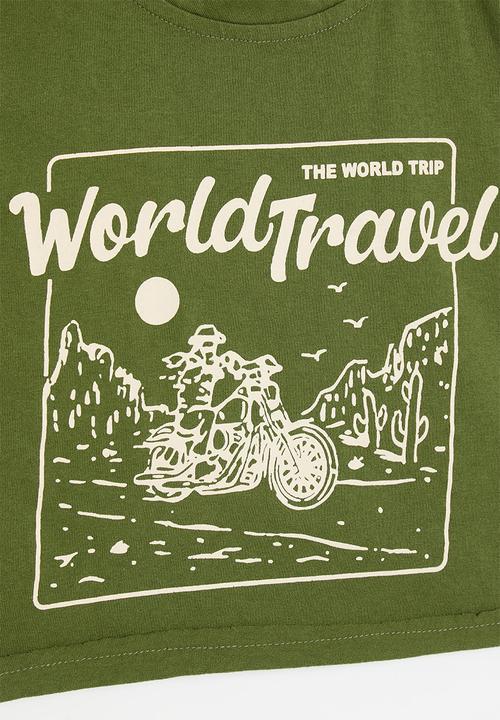 Pop Candy - Dropped shoulder placement print tee - olive green/world travel