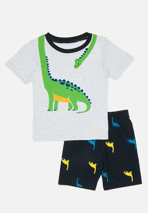Pop Candy - Dino graphic pj top with all-over print shorts - grey/dark navy