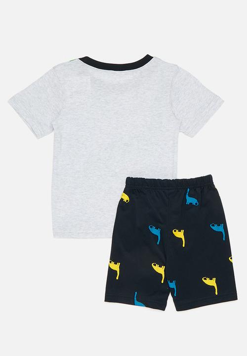 Pop Candy - Dino graphic pj top with all-over print shorts - grey/dark navy