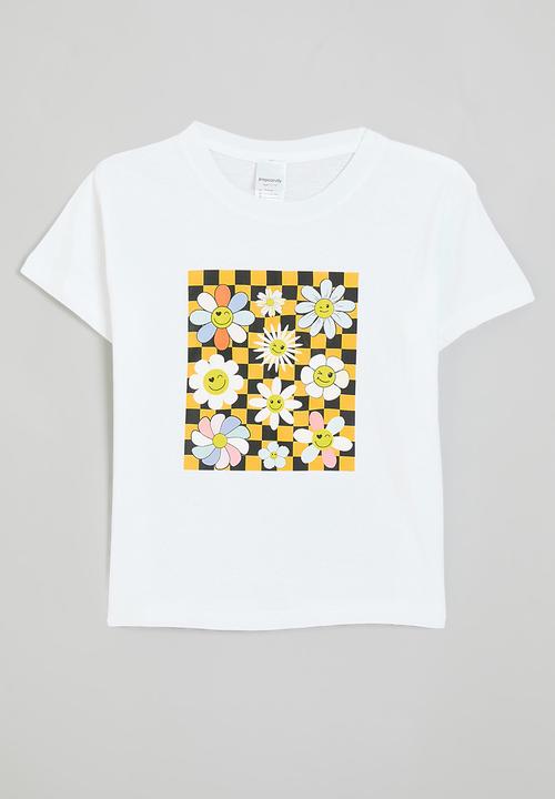 Pop Candy - Retro floral all-over print tee - white/yellow checkerboard