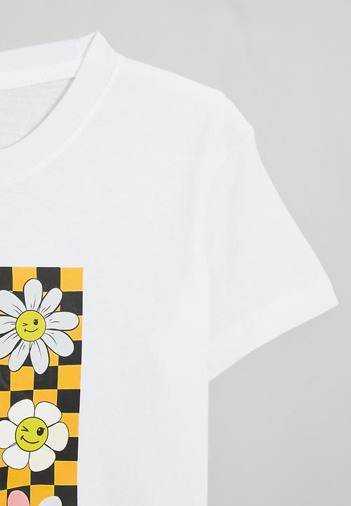 Pop Candy - Retro floral all-over print tee - white/yellow checkerboard