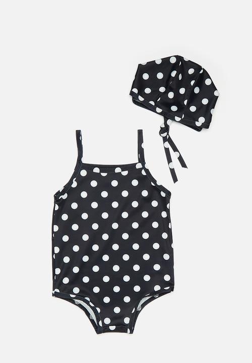 Pop Candy - Baby swimsuit with adjustable tie swim cap - black/polka dots