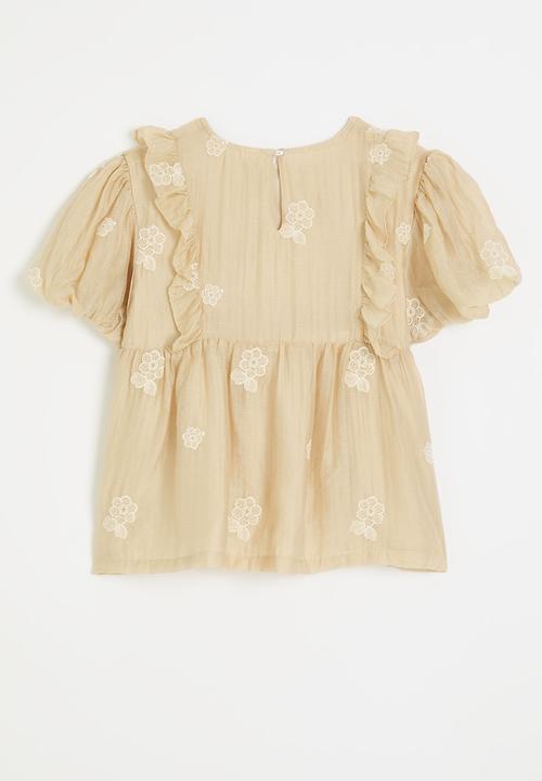 Pop Candy - Bubble sleeve blouse with floral applique - beige