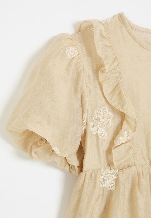 Pop Candy - Bubble sleeve blouse with floral applique - beige