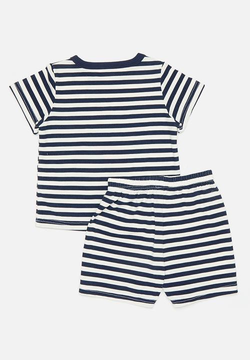 Pop Candy - Dino graphic pj top with shorts - navy stripes