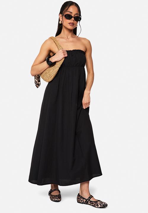 boohoo - Linen shirred bandeau midaxi dress - black