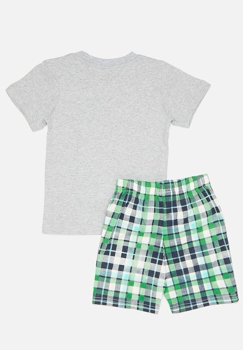 Pop Candy - Placement print top with shorts - grey/green tartan/see ya later!