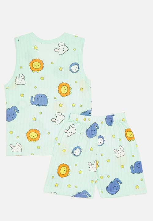 Pop Candy - Animal themed all-over print pj tank top & shorts - pastel green