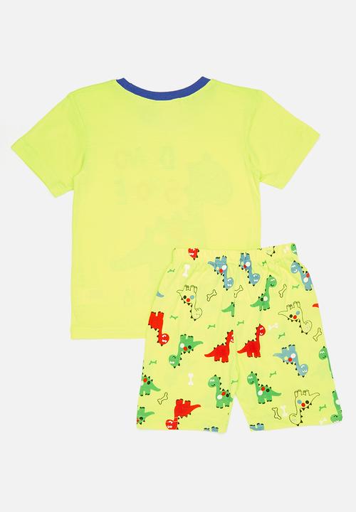 Pop Candy - Placement print pj top with all-over print shorts - green/dino snore