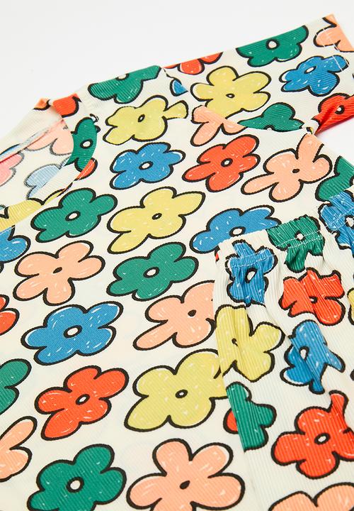 Pop Candy - Floral all-over print rib knit pj set - off white