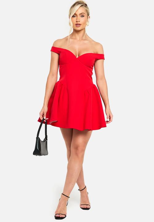boohoo - Bardot structured volume skater mini dress - red