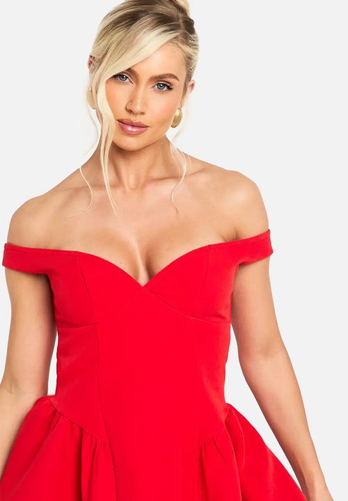 boohoo - Bardot structured volume skater mini dress - red