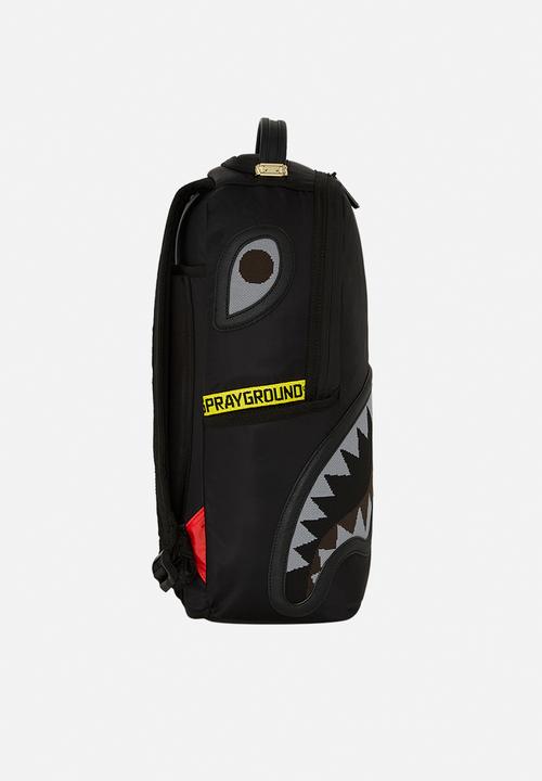 Sprayground - Shark central yellow tape dlx satin backpack- black